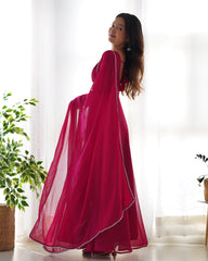 Lorenvalley Fashion Pink Georgette Anarkali Gown Dupatta Set With Pant Ready to Wear