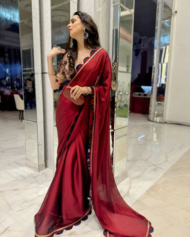 Bollywood Wear Maroon Color Blooming Rangoli With Pearl Moti Work Designer Saree