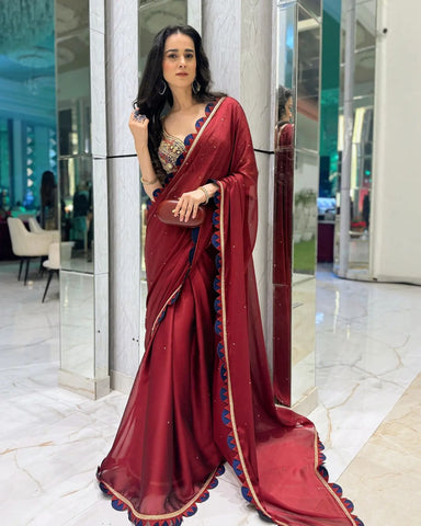 Bollywood Wear Maroon Color Blooming Rangoli With Pearl Moti Work Designer Saree