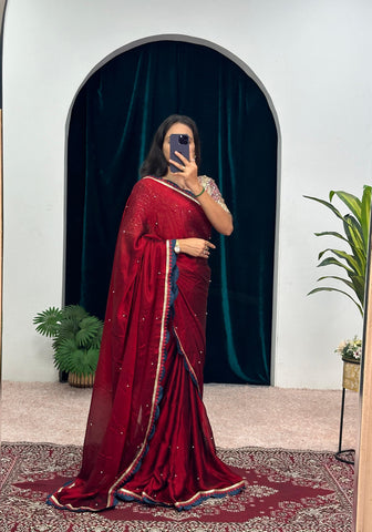 Bollywood Wear Maroon Color Blooming Rangoli With Pearl Moti Work Designer Saree