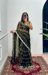 Mehandi  Color Burbary Silk Embroidery Zari Work Party Wear Saree