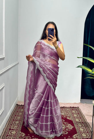 Purple  Color Burbary Silk Embroidery Zari Work Party Wear Saree