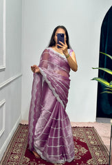Purple  Color Burbary Silk Embroidery Zari Work Party Wear Saree