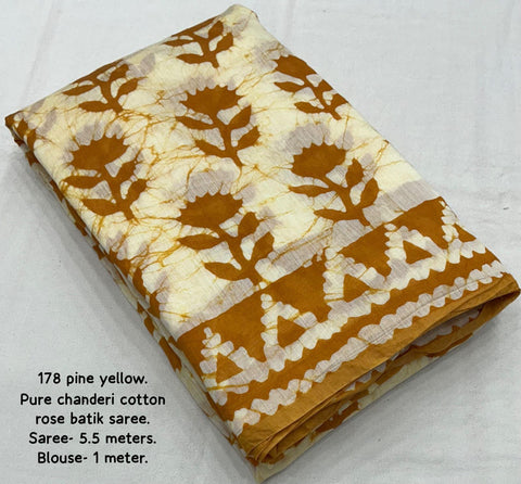 Batik Yellow Printed Pure Chanderi Cotton Saree in Off White