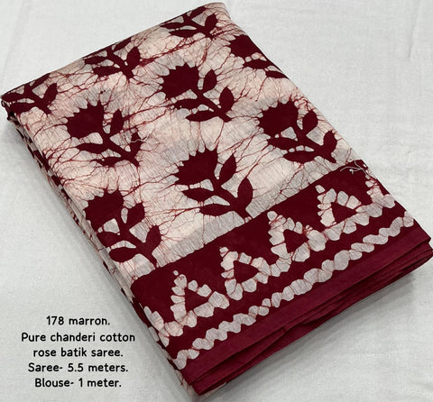 Batik Maroon Printed Pure Chanderi Cotton Saree in Off White