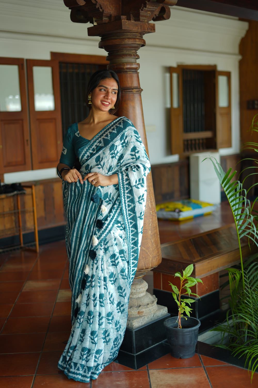 Batik Blue Printed Pure Chanderi Cotton Saree in Off White