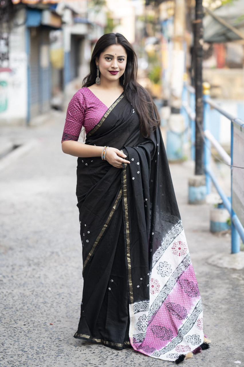 Soft Pure Chanderi Black Traditional Wear Bandhani Print Saree