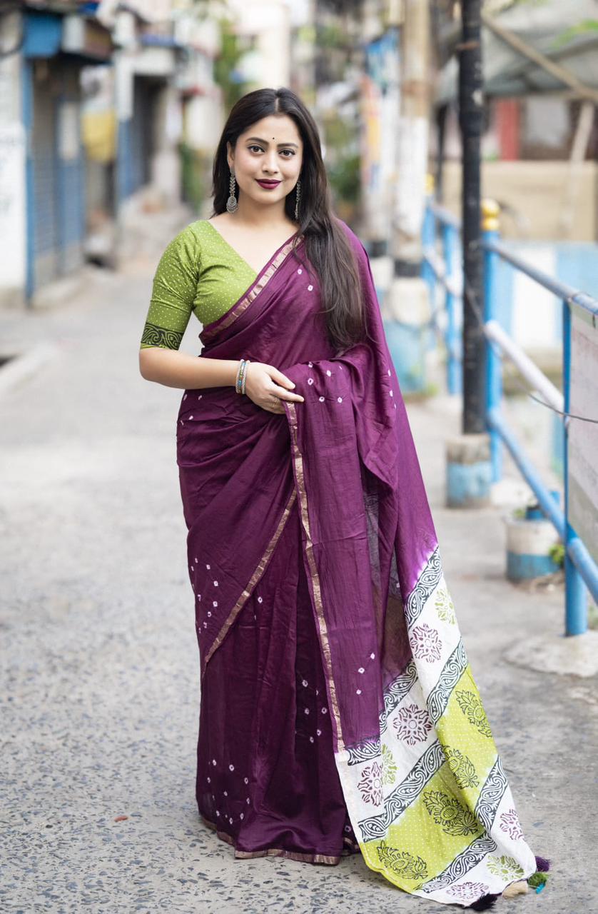 Soft Pure Chanderi Wine Traditional Wear Bandhani Print Saree