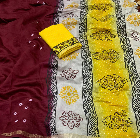 Soft Pure Chanderi Maroon Traditional Wear Bandhani Print Saree