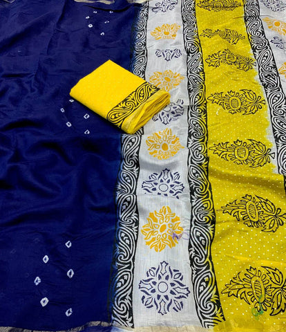 Soft Pure Chanderi Blue Traditional Wear Bandhani Print Saree