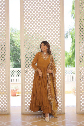 Alluring Mustard Yellow Embroidered Georgette Festival Wear Gown