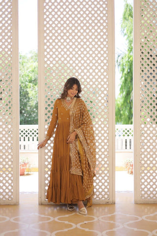 Alluring Mustard Yellow Embroidered Georgette Festival Wear Gown