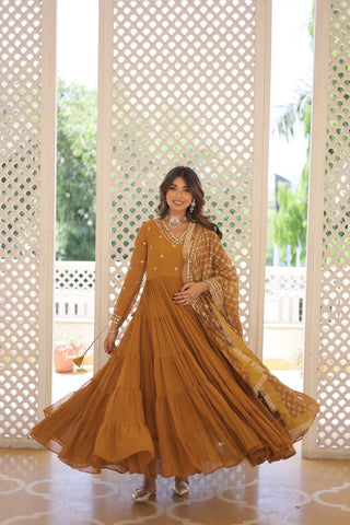 Alluring Mustard Yellow Embroidered Georgette Festival Wear Gown