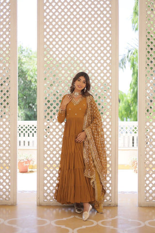 Alluring Mustard Yellow Embroidered Georgette Festival Wear Gown