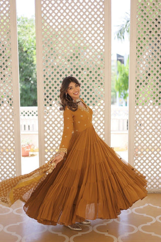 Alluring Mustard Yellow Embroidered Georgette Festival Wear Gown