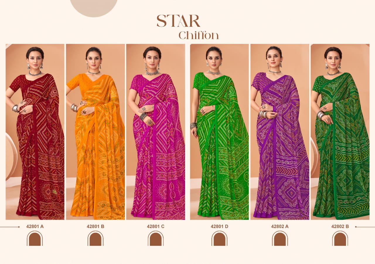 Ruchi Sarees Are Highly Crafted With Chiffon Fabric Bandhni With Vibrant Color