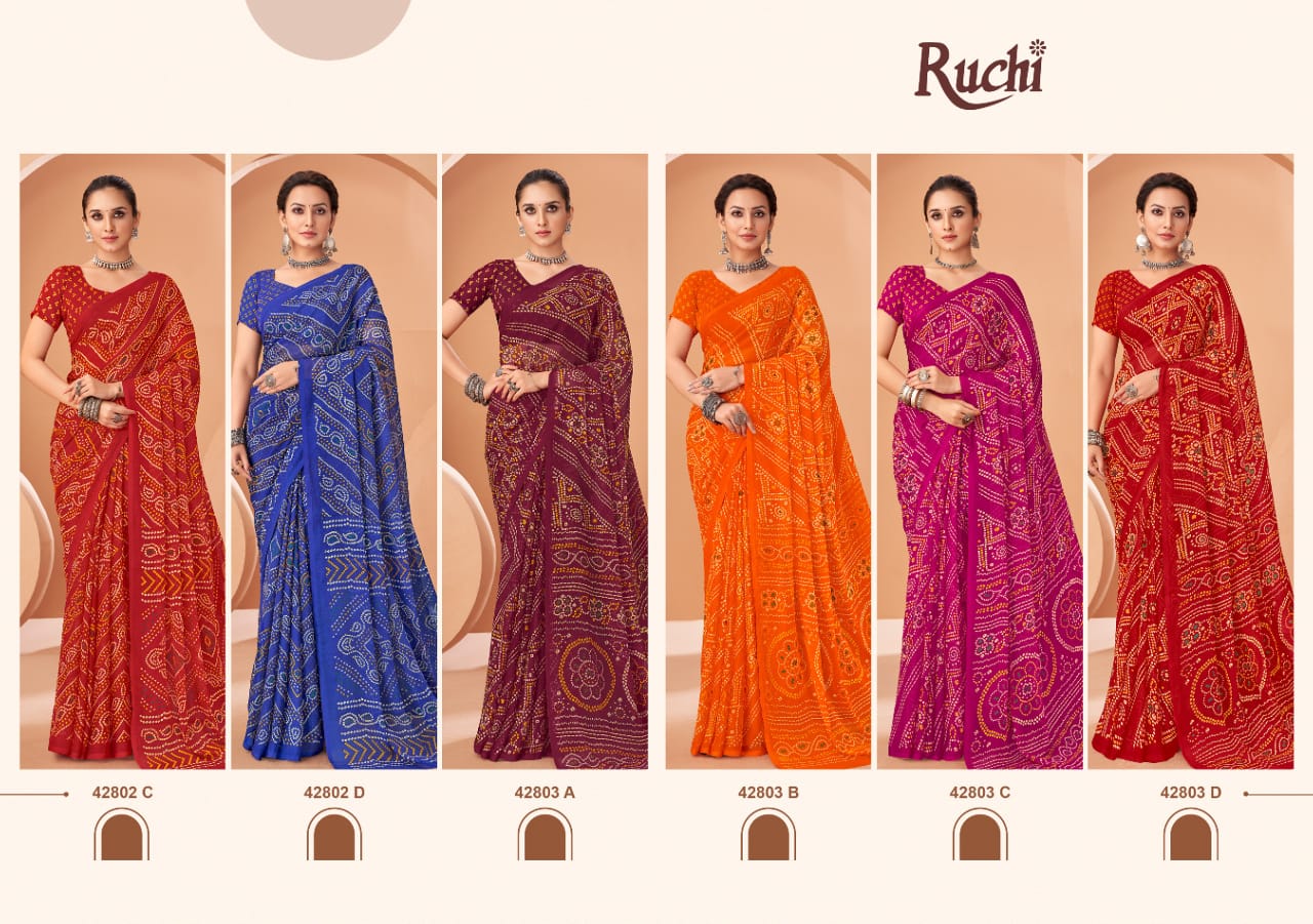 Ruchi Sarees Are Highly Crafted With Chiffon Fabric Bandhni With Vibrant Color