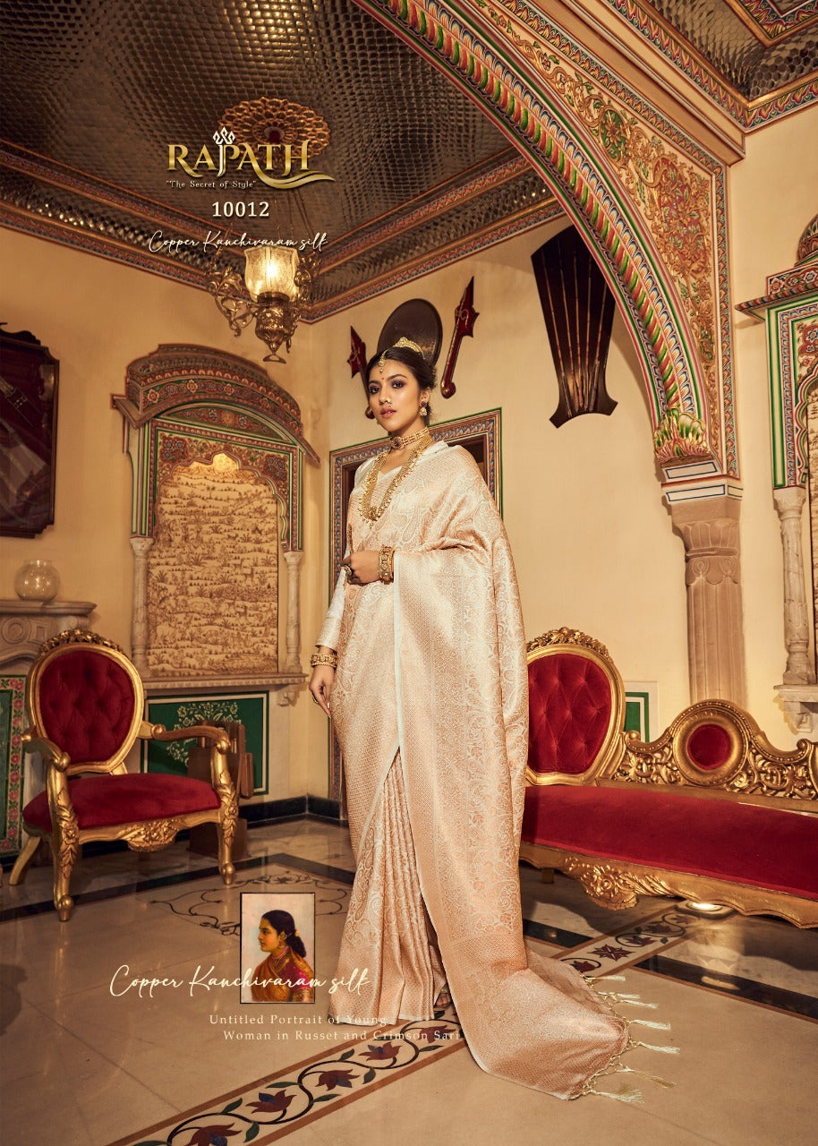 RajPath Fabric Sarees Are Crafted Frome Soft Handloom Silk With Copper Zari Work