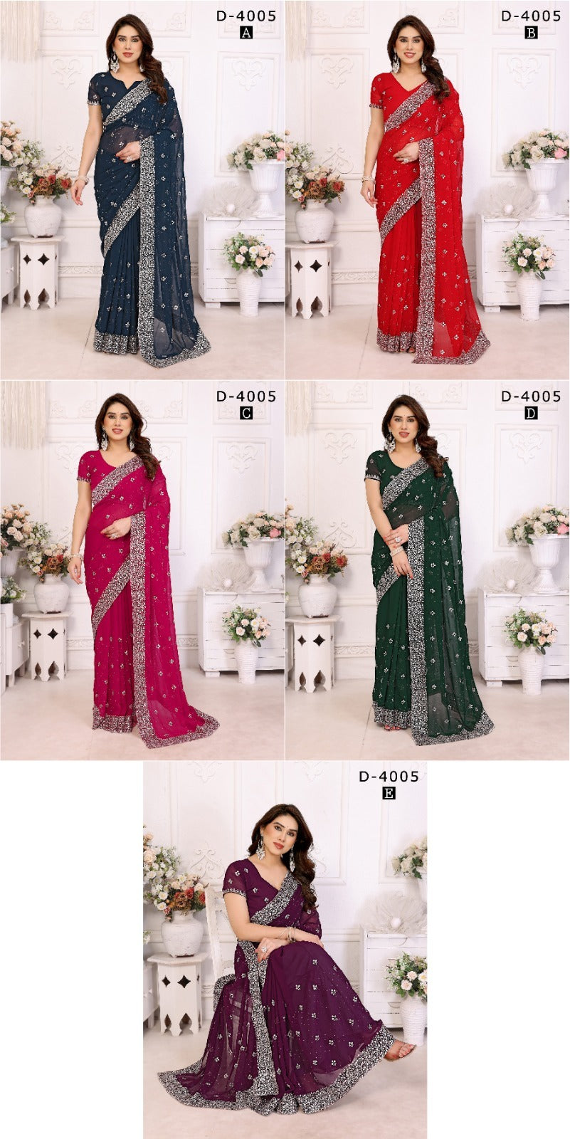Jay Shree Sarees Feature Luxurious Georgette Fabric Adorned With Detailed Zari And Stone Work