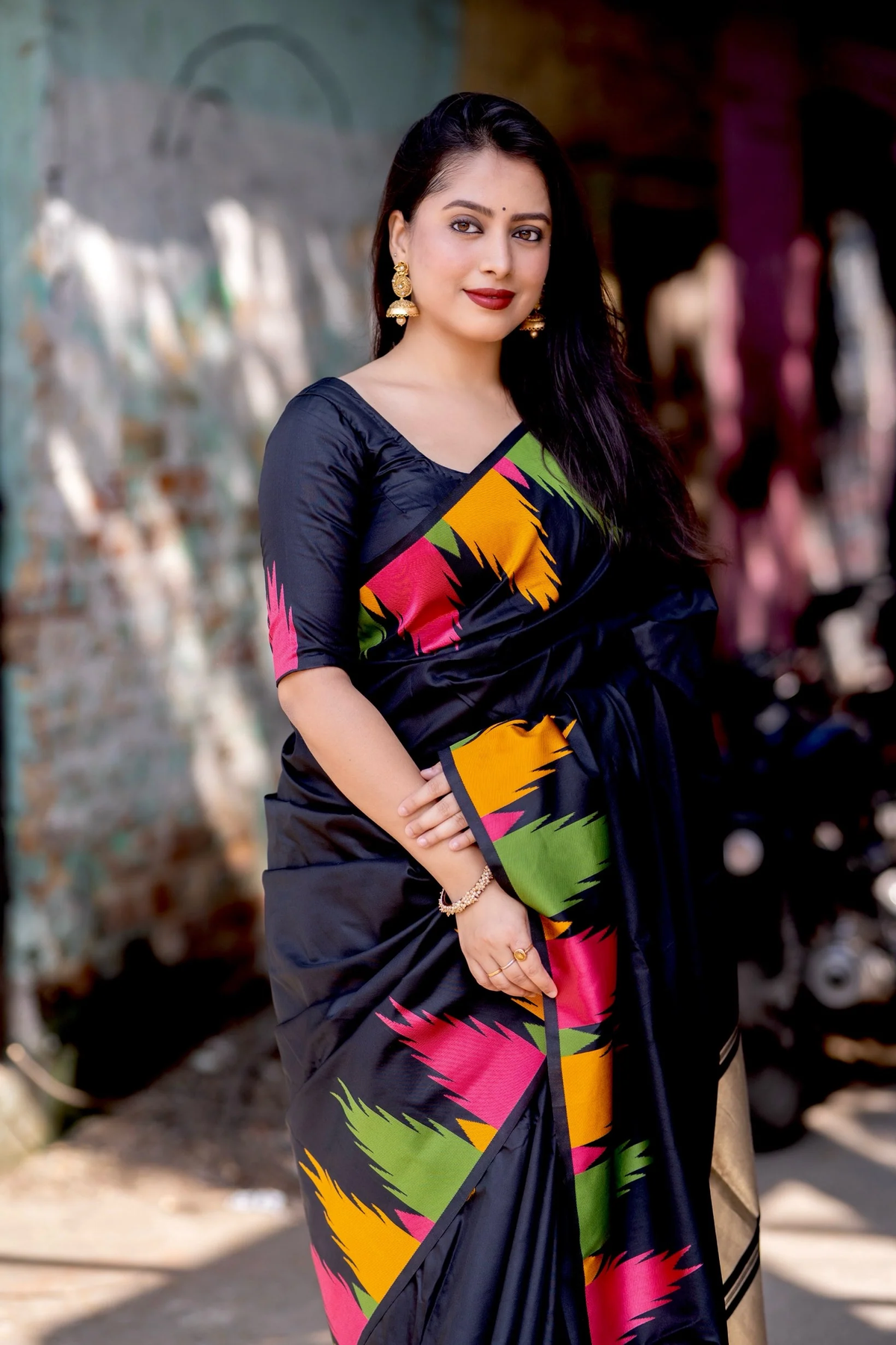 Black Ready to Wear Soft Silk Saree in Temple Design - sareeswholesalers