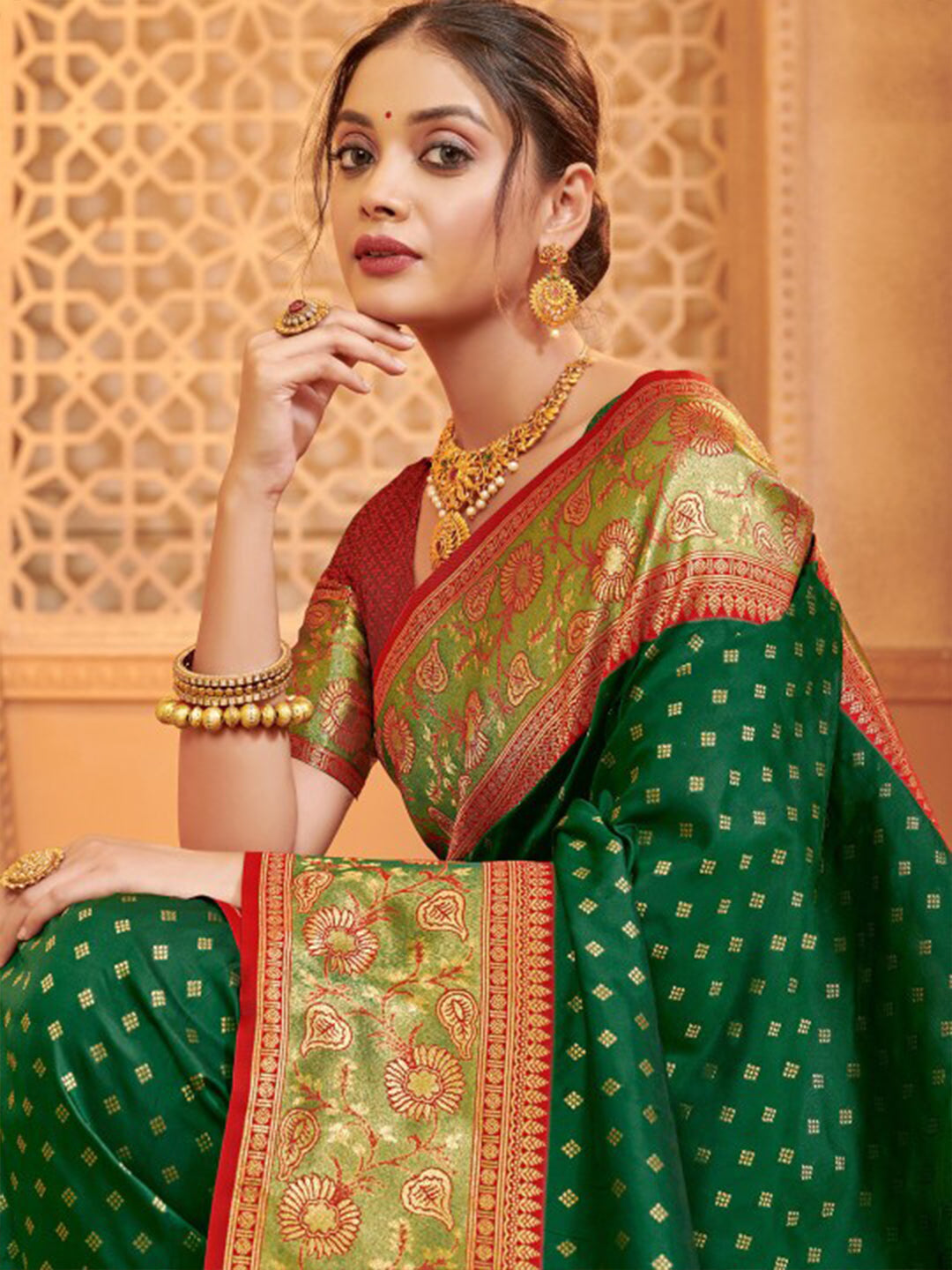 Traditional Green Silk Blend Saree with Golden Zari Border – Wedding & Festive Wear