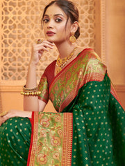 Traditional Green Silk Blend Saree with Golden Zari Border – Wedding & Festive Wear