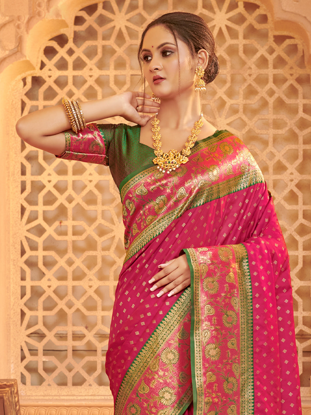 Traditional Mehroon Silk Blend Saree with Golden Zari Border – Wedding & Festive Wear