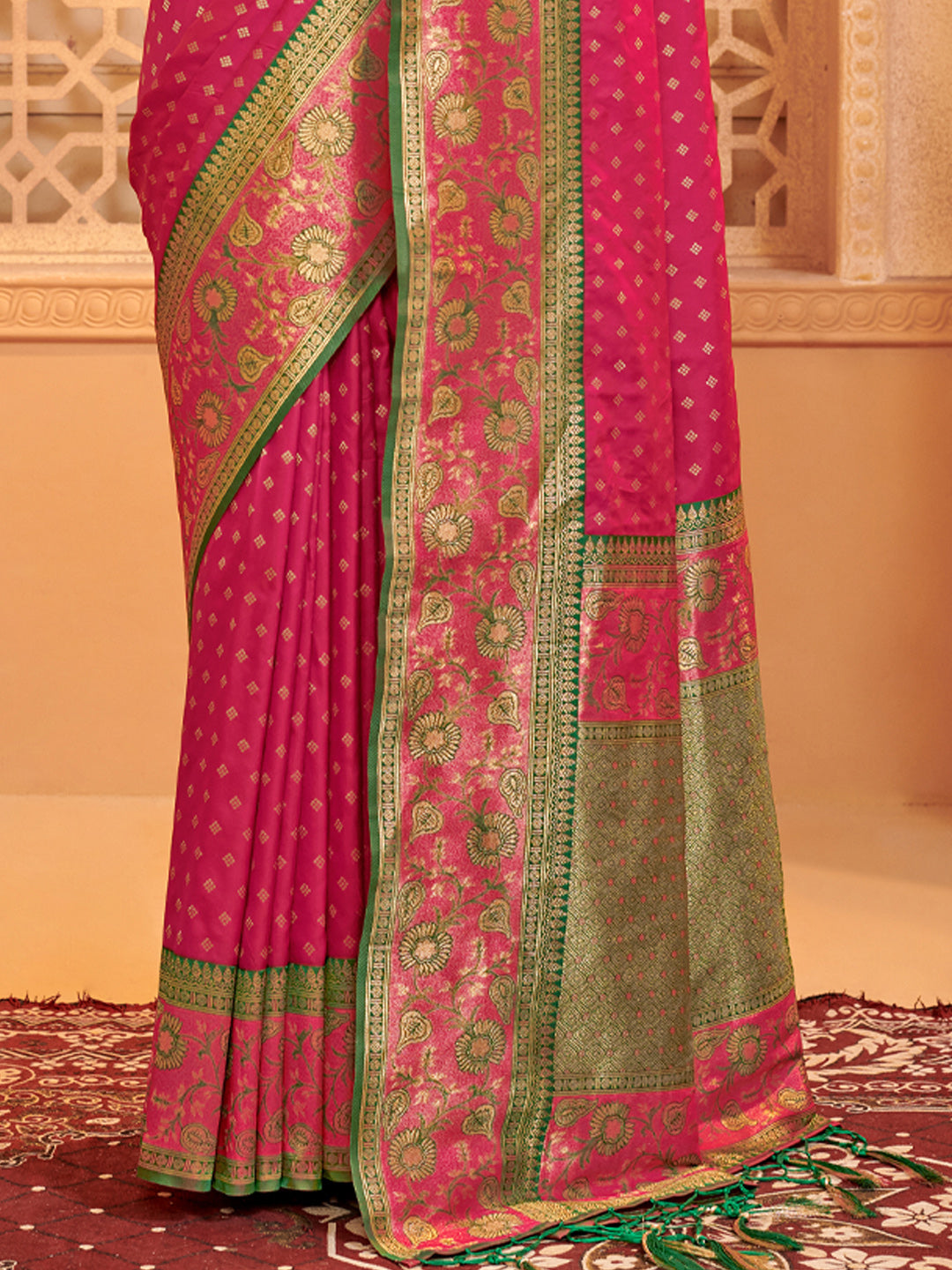 Traditional Mehroon Silk Blend Saree with Golden Zari Border – Wedding & Festive Wear