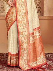 Elegant Off-White Silk Blend Saree with Golden Zari Border – Wedding & Festive Wear