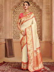 Elegant Off-White Silk Blend Saree with Golden Zari Border – Wedding & Festive Wear