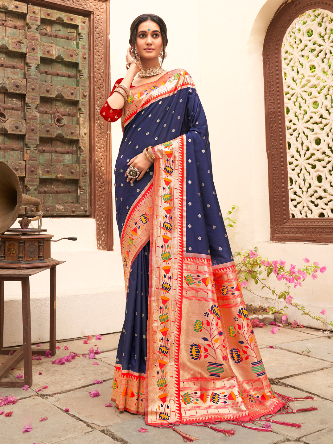 Navy Blue Silk Saree with Floral Border & Traditional Zari Work