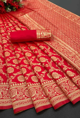 Flam Red Zari Work Banarasi Silk Saree