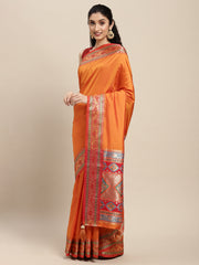 Orange Silk Saree with Red & Golden Woven Border
