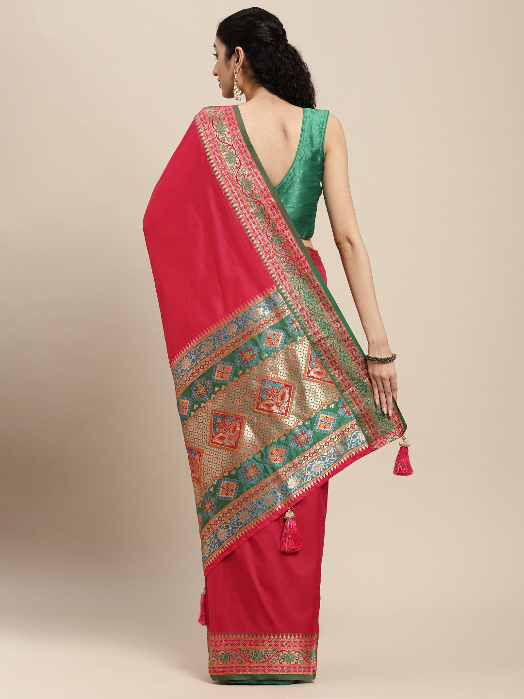 Pink Silk Saree with Green & Golden Woven Border