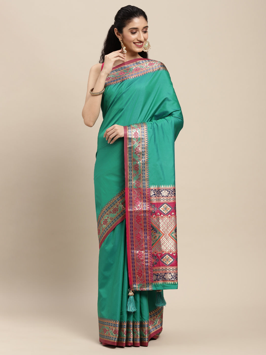 Green Silk Saree with Pink & Golden Woven Border