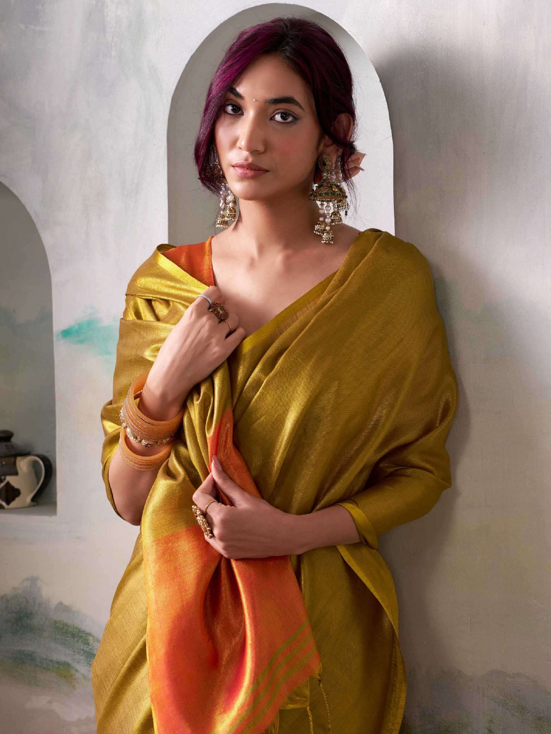 Golden Silk Saree with Rust Border – Traditional Wedding Wear