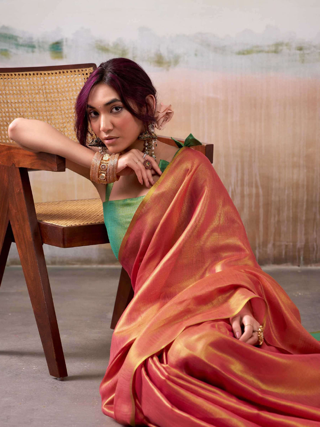 Coral Pink Silk Saree with Green Border – Stylish Party Saree