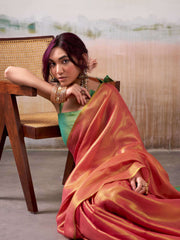 Coral Pink Silk Saree with Green Border – Stylish Party Saree